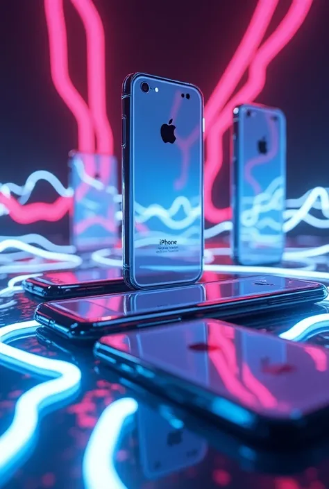 Digital glass iphones with colorful neon lines on background with white color flowing and spiral lines futuristic style martian technology