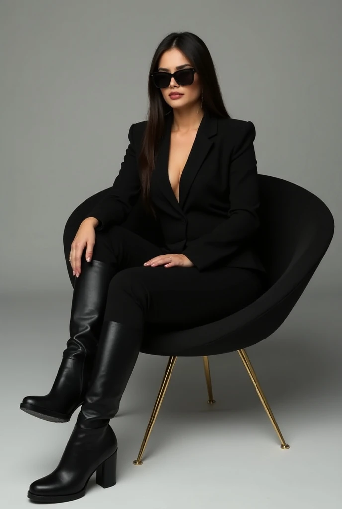  woman sitting in a black chair . Shes wearing a black jumpsuit,  that includes a long-sleeved body that fits her figure . } Their legs are crossed and they wear tall boots that extend to their thighs,  with heels that add height and elegance to the look ....