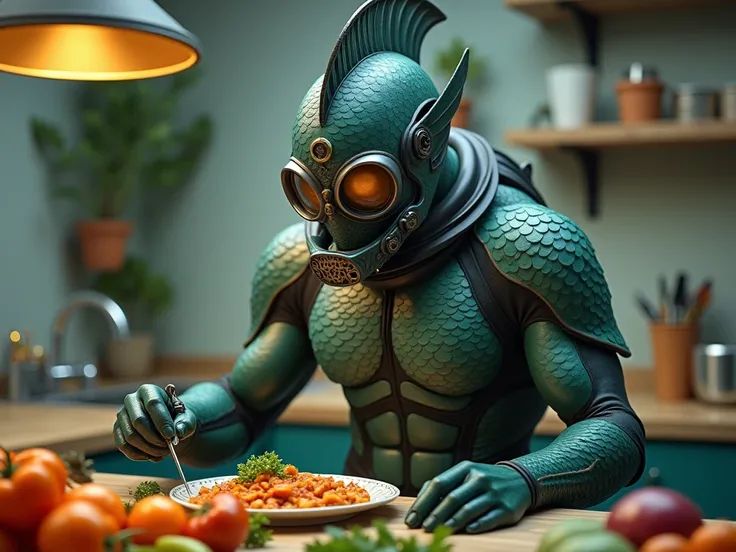   a super hero who has a helmet with a fish fin on the top, and wear a diving suit that has fish fins on its arms and legs eating vegetables