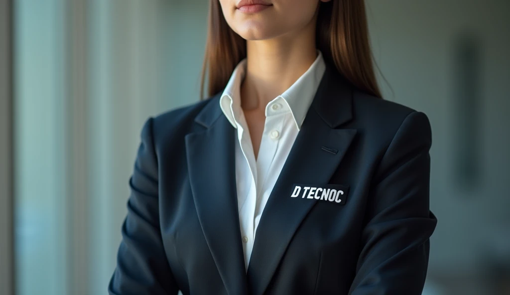 Create an image of a young lady with a suit on her chest (DTECNOC logo) 