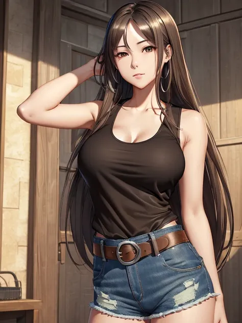 (masterpiece:1.2), best quality, high resolution, unity 8k wallpaper, (illustration:0.8), 1girl, solo, Taiwanese woman, long hair, big breasts, (Wearing: Black tank-top, brown leather belt with a silver buckle, denim shorts)