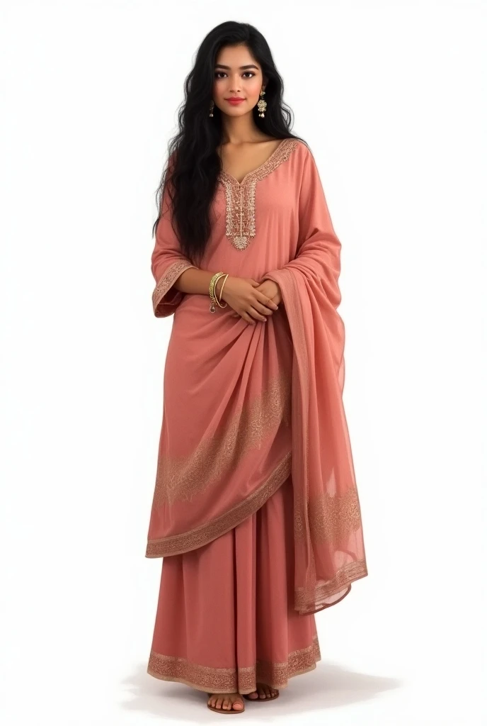 A full-body portrait of a 22-year-old Bangladeshi woman wearing a traditional South Asian salwar kameez. She has fair skin, a height of 5.6 feet, a well-proportioned figure with measurements 45-38-45, and weighs 64 kg. She has soft pink lips and long black...