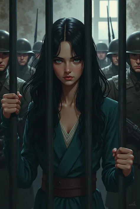 Girl with wavy black hair locked up in jail with many soldiers watching her