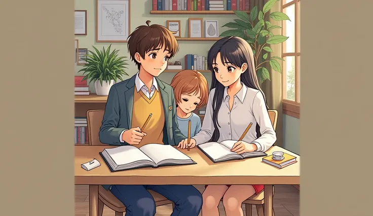 two brothers, Pedro aged  with brown hair, and Lara aged  with light brown hair, inside a room, a girl and a boy studying