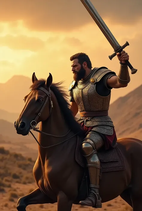  Warrior riding a horse with his armor and a powerful sword in his right hand, The scene is from the biblical era 