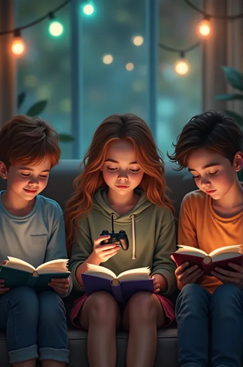  A group of friends using technology in a balanced way : one reads a book while another plays a video game ,  another talks with a friend and another uses an educational application.