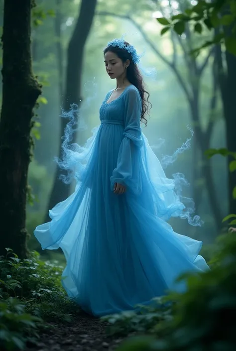 Blue frock wearing beautiful girl
spectral figure, a forest spirit, emerges from the trees, its form shimmering like water.