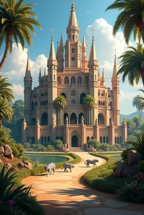 A medieval African style royal castle with various African artwork, statues, plants, even some animals such as white bangal tigers and cheetahs walking by