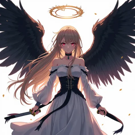 Anime female angel with a black halo and wings and light brown hair holding a knife on a white background from the belly up.