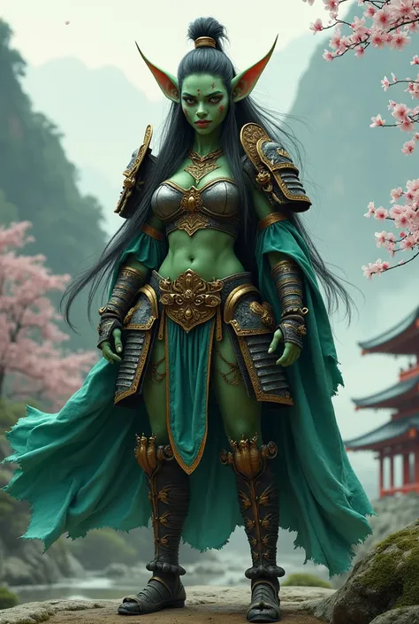 A beautiful female goblin with a big butt as a samurai 