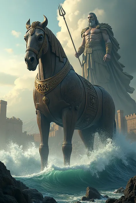 Create an image with symbols from Greek mythology that alludes to the Trojan horse and Poseidons revenge