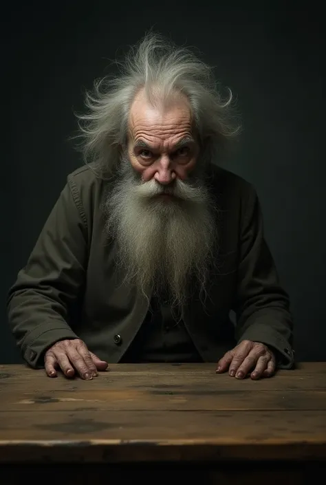  Old lady with big long hair and beard  , is sitting on an interrogation table from the 1920s,He has a crazy mocking expression  