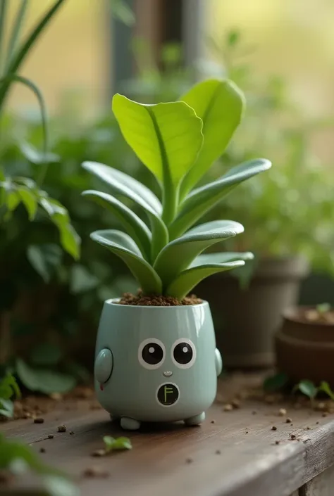 Smart planter related to Rozz from the movie Wild Robot, but small and limbless
