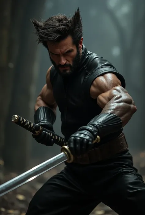 a Marvel Wolverine with apparent claws wielding a katana called Uchigatana, Hes wearing black leather armor RPG 