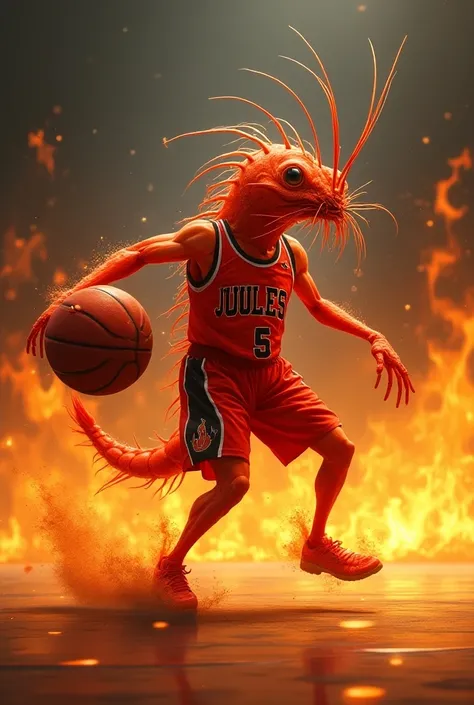 Give me an image of a shrimp playing a basketball game while flames come out around him 