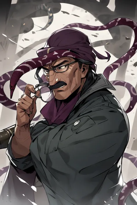 man snake, high,  looter style clothing (detailed), holding a Qatar , using glasses 