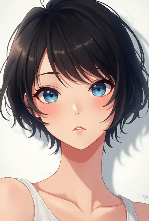 German woman about 25 years old, has short hair and blue eyes anime style