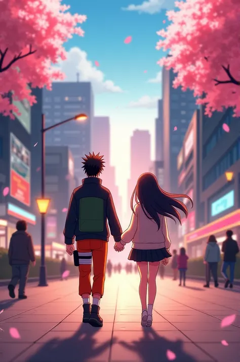 Naruto and Hinata walk holding each others hand in the nearby city and there should be a city with buildings next photo should be animated phone wallpaper