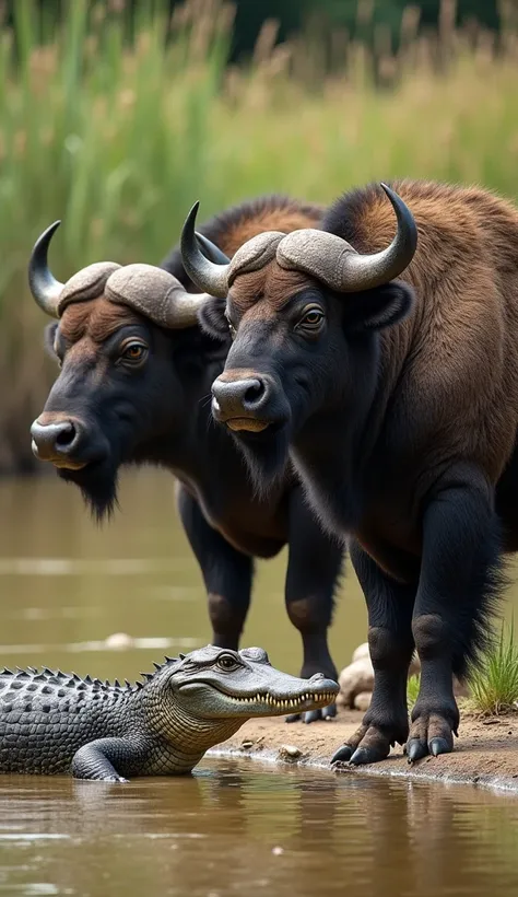 AGAIN , Alligator and Buffalo, standing side by side on a muddy riverbank with tall grasses swaying in the breeze, the alligator has a long, scaly body, sharp teeth visible as its mouth is slightly open, and dark greenish-brown skin that blends with the mu...