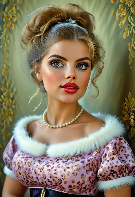 A Beautiful Women In A furry blouse furry skirt. Plush Lips. Large Doe Eyes. G-Cup. The Medium Used To Depict This Artwork Is Oil Painting, Ensuring A High-Quality And Detailed Result. The Painting Style Is Realistic And Photorealistic, With Vivid Colors A...