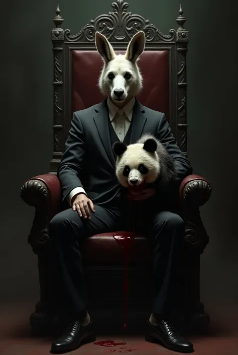 Kangaroo head well-dressed human body sitting on an iron throne holding the head of a bleeding panda 