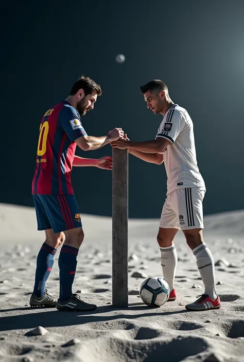  Lionel Messi and Cristiano Ronaldo placing iron bars on the ground , Building something , on lunar soil ,  Messi is wearing the Barcelona jersey and Cristiano Ronaldo is wearing the Real Madrid jersey