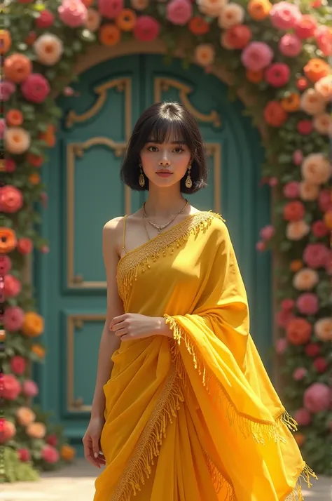 A beautiful girl in designing yellow saree in fringe haircut front of flowers gate realistic 