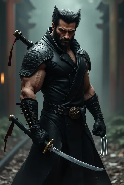  a Marvel Wolverine with apparent claws sticking out of his hands (brilliant), wielding a katana called Uchigatana , Hes wearing black leather armor RPG 