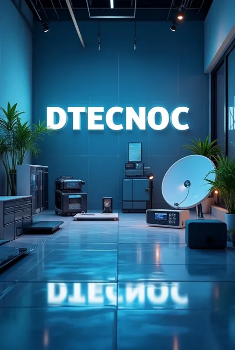  Miss showing computer products , cell phones, satellite dish, directv prepaid and postpaid ,  Home appliances among other technological products with the background of the DTECNOC company logo 