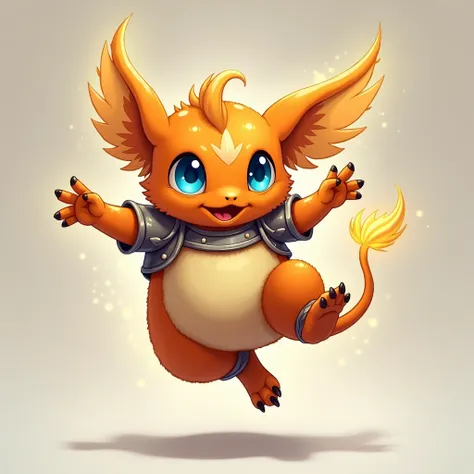 A fantasy creature with a round, orange body, large blue eyes, and small, feathery wings. Its wearing a shiny, metallic armor and is surrounded by a glowing aura. The creature is jumping in the air with its arms spread wide. illustration.