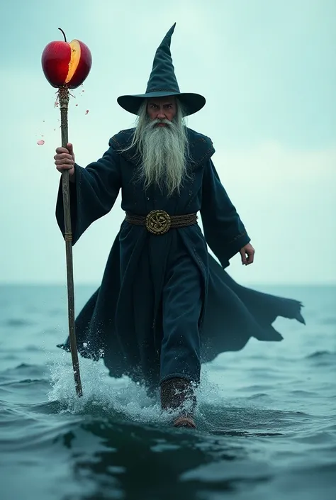 Create a wizard holding a bitten red apple with drops of water on the stretcher walking on seawater 
