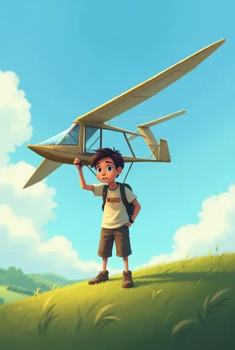  A boy wearing a t-shirt with his name on it "marco" shy , blue-eyed and brown-haired .

Makes a glider for flying , And he went up a hill 