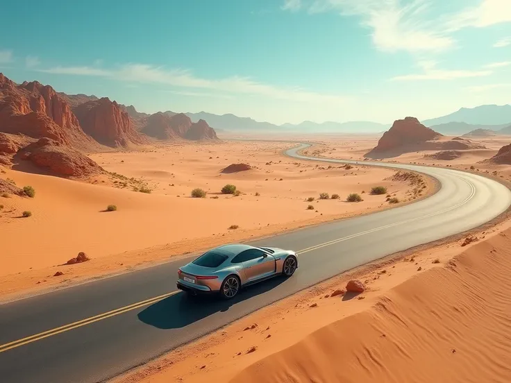 An aerial shot of a car on the desert road and above the car say ENSZMASTER PRODUCCIONES an aerial shot 