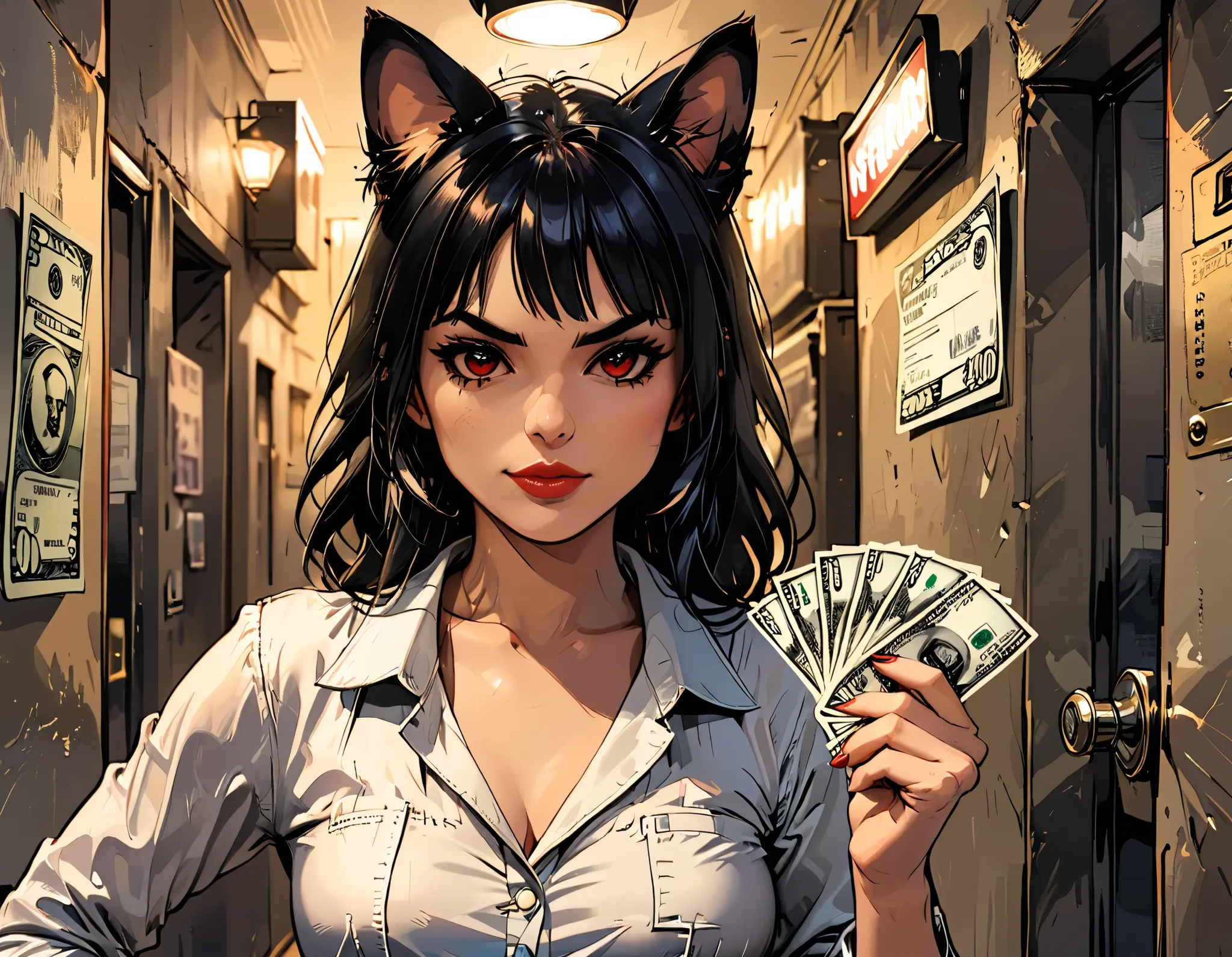 (((( gold credit card, credit card , dollar bills))  in a woman's hand )), black hair, fringe, cat ears, red eyes, receipt , mac...