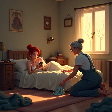 In a cozy, slightly cluttered bedroom, the warm lighting casts a soft glow over the scene. A stunning young woman, 19 years old, lies on her bed, comfortably propped up with pillows as she scrolls through her phone. Her red hair is tied in a sleek bun, and...