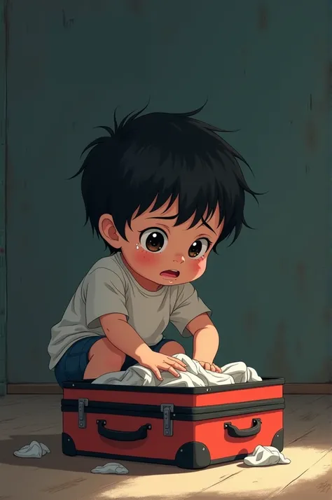 Generate an anime-like drawing of an  toddler packing a suitcase of clothes to escape from home because they abuse him 