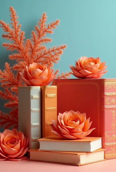 Images of colorful books with red, orange and light blue 