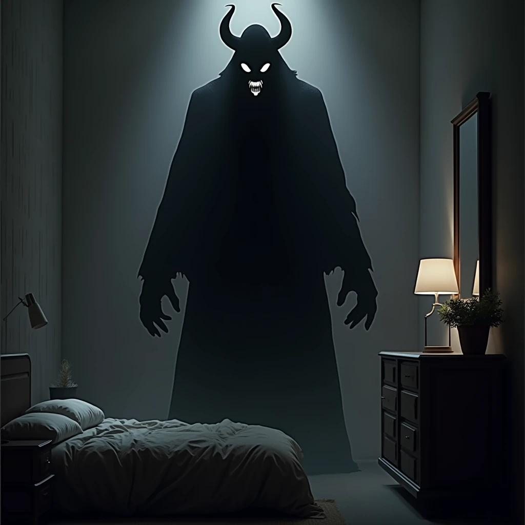 created a picture of 1:1 demon shadow of a mysterious ugly black man who is staring with a horror face in a modern bedroom 