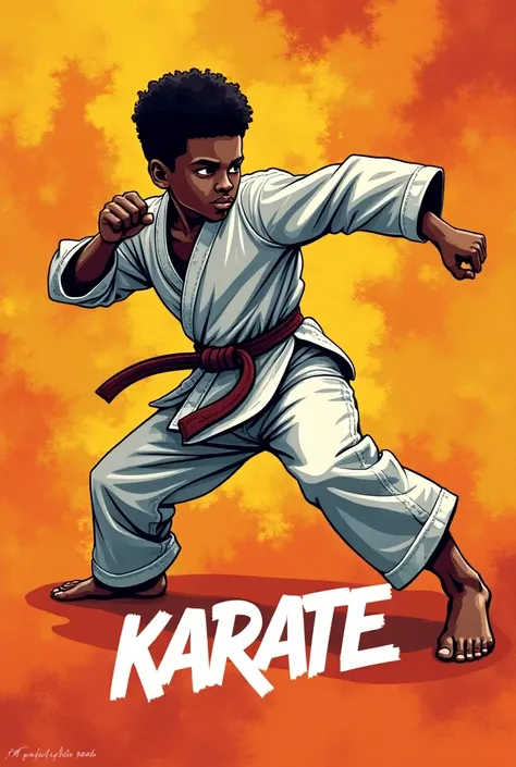 Title: "Karate" (in big, fun letters)
"A project by Liam Brown"
"Class: Standard 2 Ms. Millet"

Design a cover page. Use an African American boy 

Include the writing "A project by Liam Brown" 