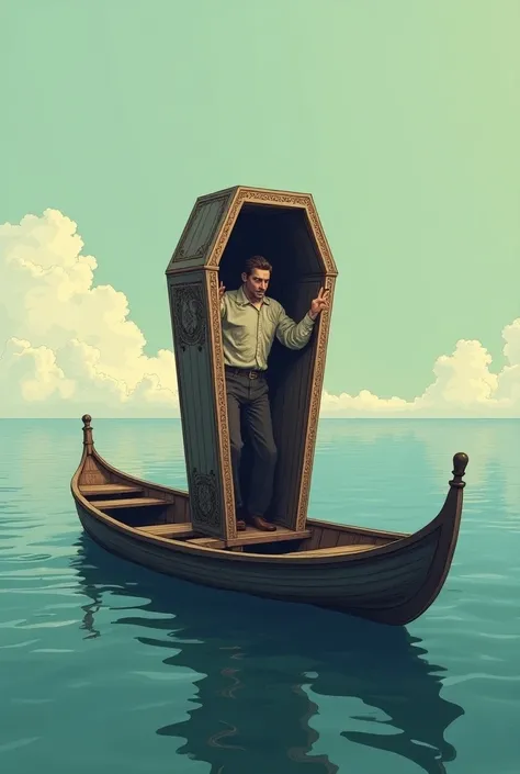  I need a diagramming image with an exclusive design not so realistic, Where is a man trying to get out of a coffin . on a boat 