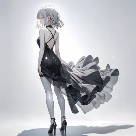 masterpiece, best quality, 8k, highres, ultra-detailed, HDR, UHD, 1girl,full body,((back shot,back view)),Transparent white skin,silver hair color, side bang hair, layered bob hair, braid, black dress,((perfect white background))