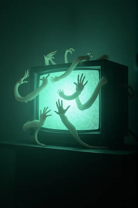 TV with static , front view. horror,  supernatural , 2005, epic scene, Horrific , spectral, Lots of tentacles coming out of the screen