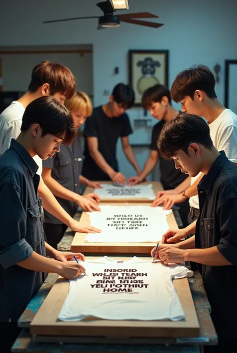 The BTS working on screen printing a t-shirt with a phrase