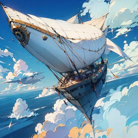 final fantasy iv airship, in the blue sky surrounded by clouds in the sky ,fantasy sailboat deck