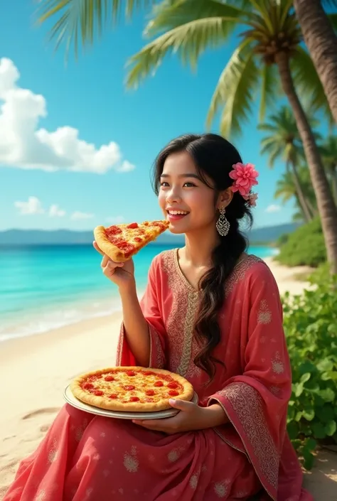 Punjabi girl in traditional attire eating dominos pizza on beach 