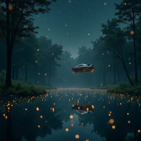 Large bright fireflies fly, including a spaceship from the series  "firefly"  just as small as fireflies over a lake in the forest at night,  reflections in water.