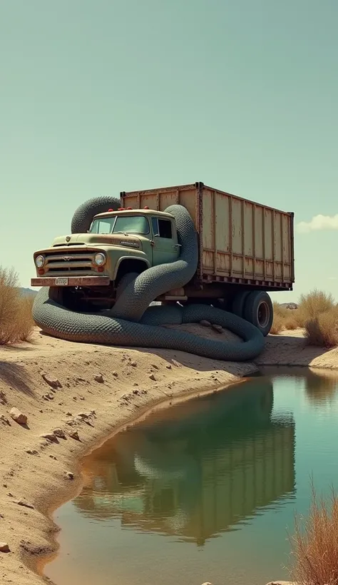 old truck with container covered by Giant anaconda, truck is falling down, dried pond, reflection of truck, deserted, seen from a far during a drought. desert plants.