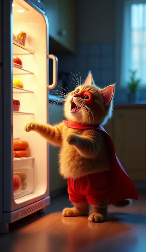 "A cute brown cat standing in front of an open refrigerator filled with sausages, wearing a superhero mask and red shorts. The cat is looking excited and happy with a big smile, reaching out toward the sausages. The scene is set in a dimly lit kitchen at n...