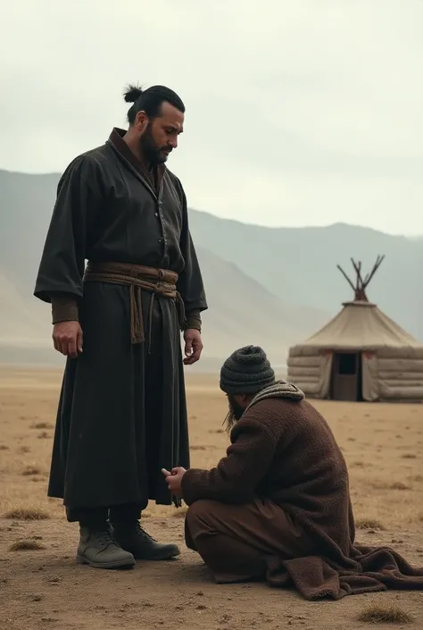 A barren Mongolian landscape with a traditional yurt in the background, set against the vast, sweeping plains. In the foreground, a stern-looking Mongolian official in traditional attire stands over a criminal who is kneeling on the ground. The atmosphere ...