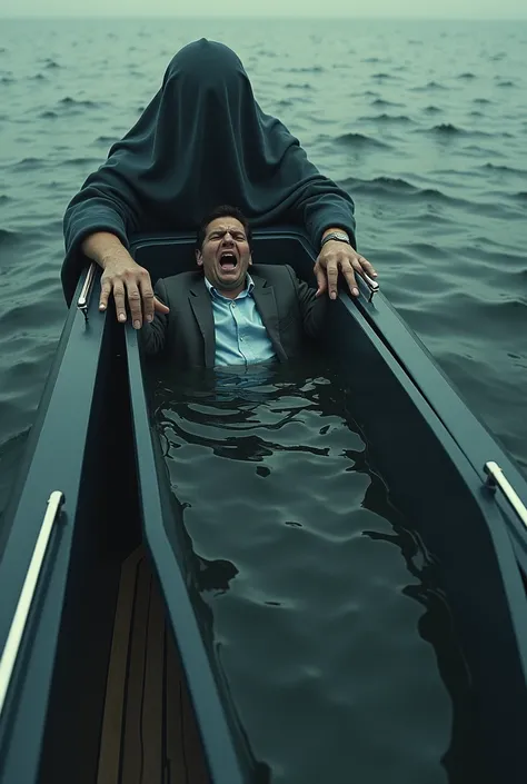  I need a diagramming image with an exclusive design not so realistic, Where is a man trying to get out of a coffin . on a boat(Modern) Under the cover 